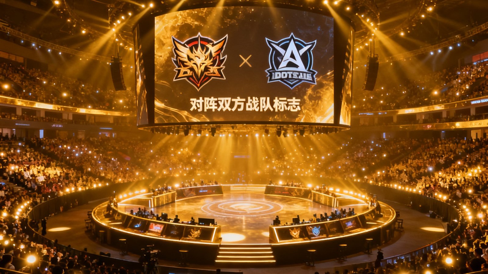 2025年DOTA2国际邀请赛主赛场全景照片，圆形舞台被绚丽的金色灯光笼罩，中央巨型屏幕展示着对阵双方战队标志，万名观众填满环形看台